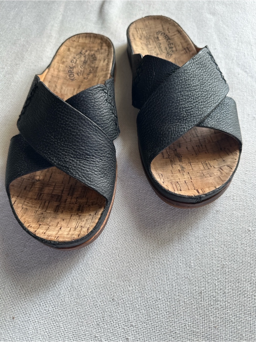 Kork-Ease Tutsi Cross-Band Black Leather Cork Slide Sandals | 9